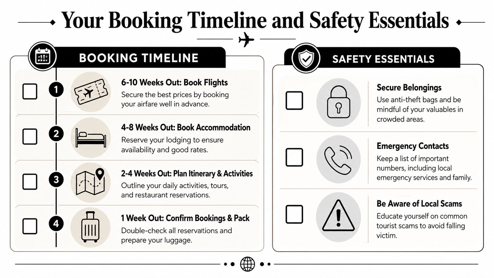 A travel planning checklist infographic showing a booking timeline and essential safety tips for travelers.
