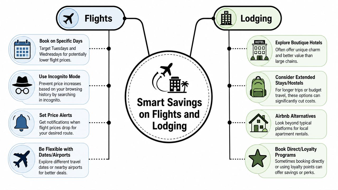 A travel infographic titled Smart Savings on Flights and Lodging, offering practical tips to reduce travel costs.