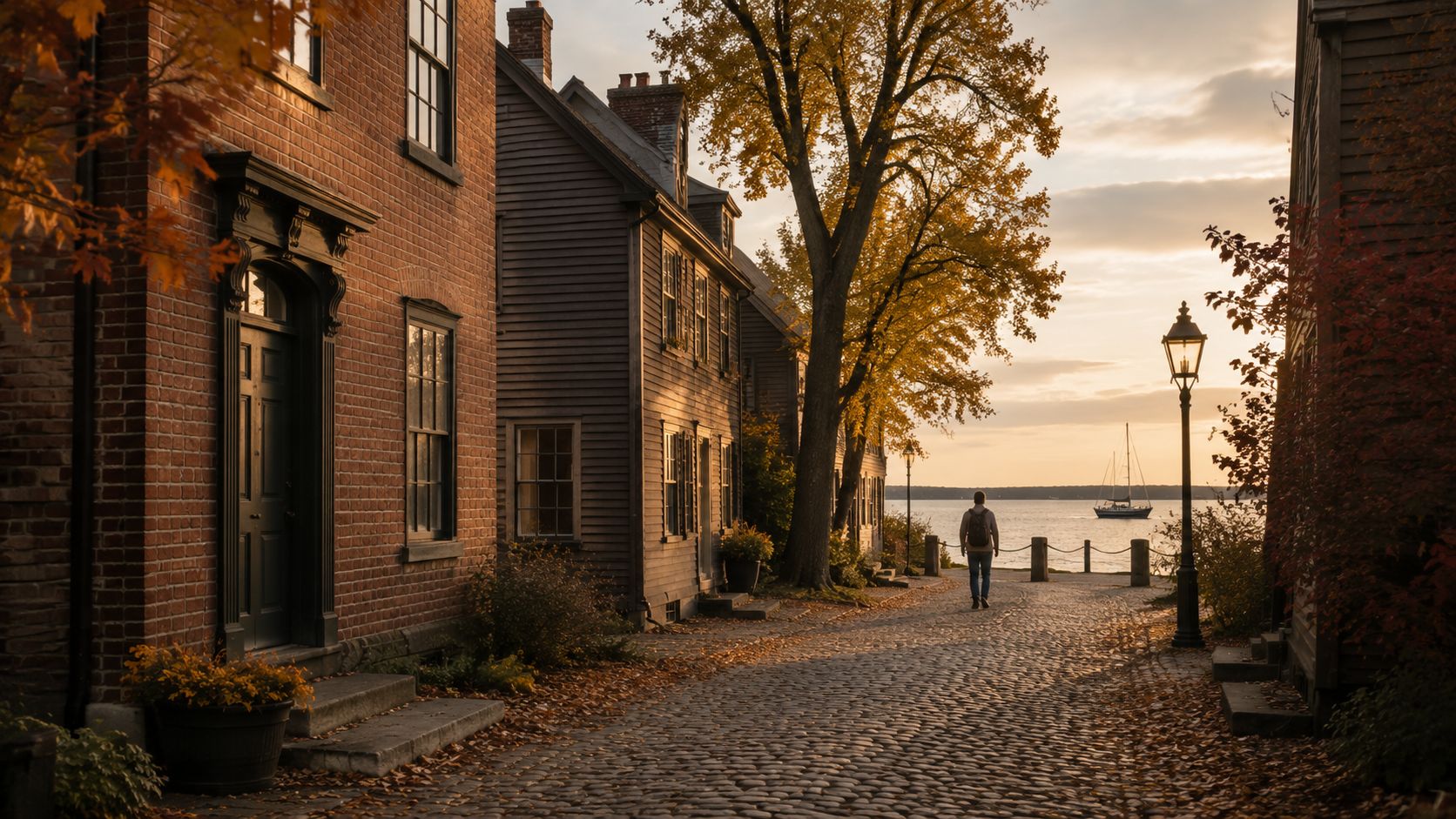 A person walking down a historic cobblestone street toward a calm harbor at golden hour sunset.