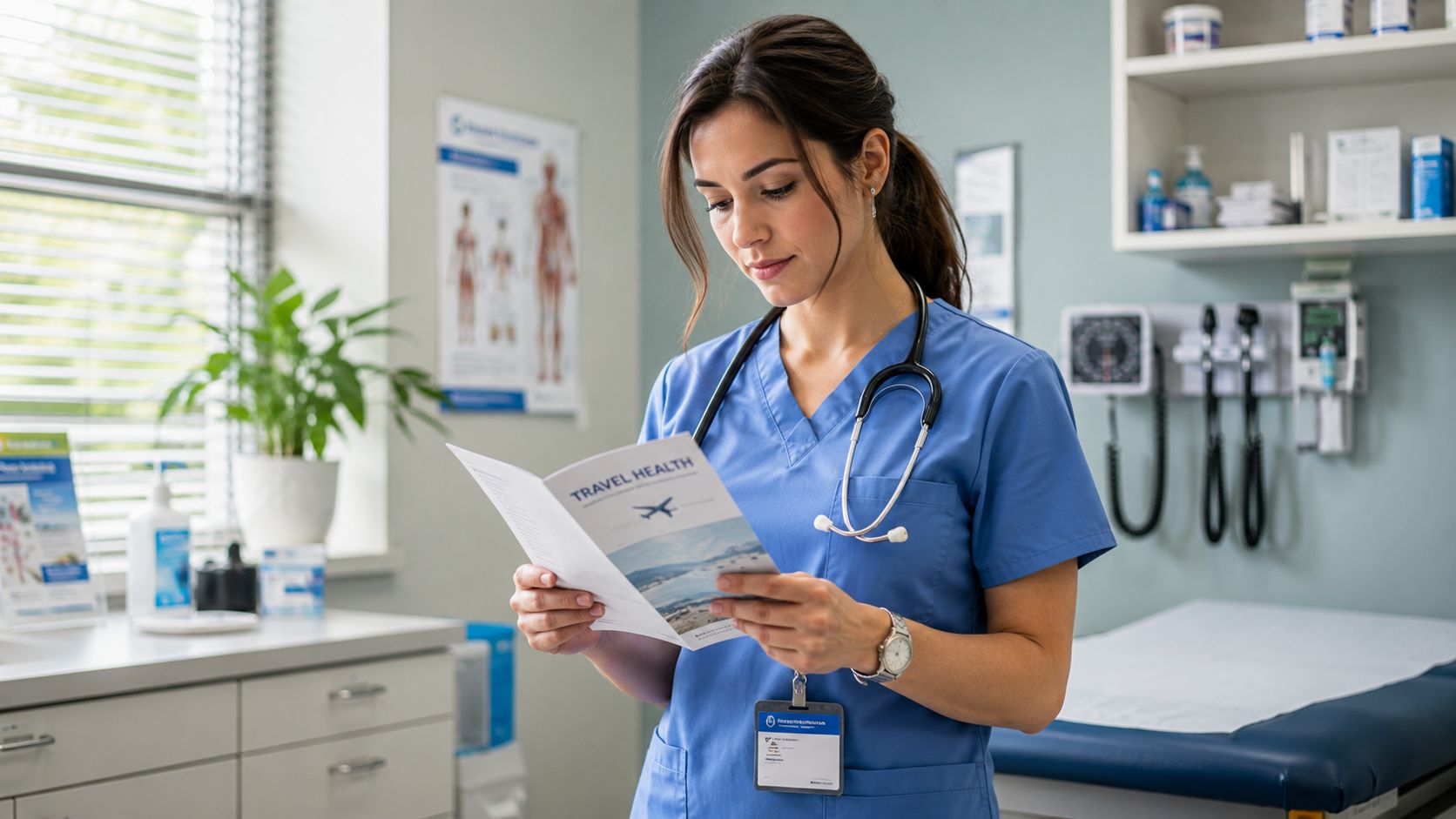 A female nurse in blue scrubs reads a travel health brochure in a clinic office setting.