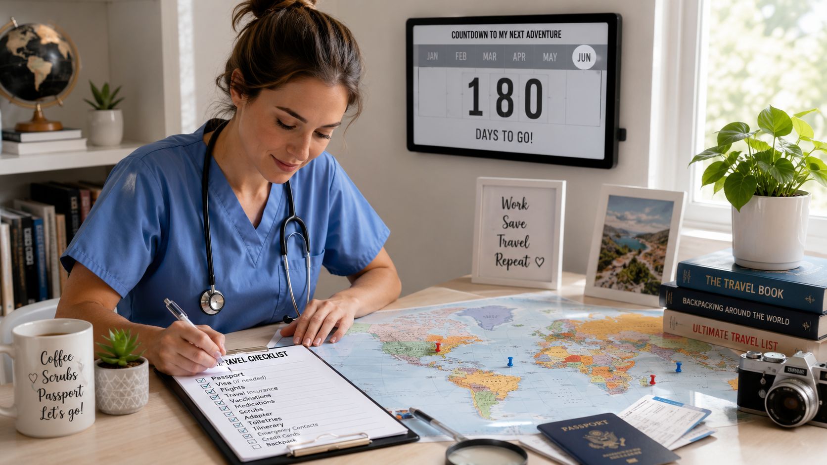 A nurse in blue scrubs preparing for a medical trip by checking a travel checklist over a map.