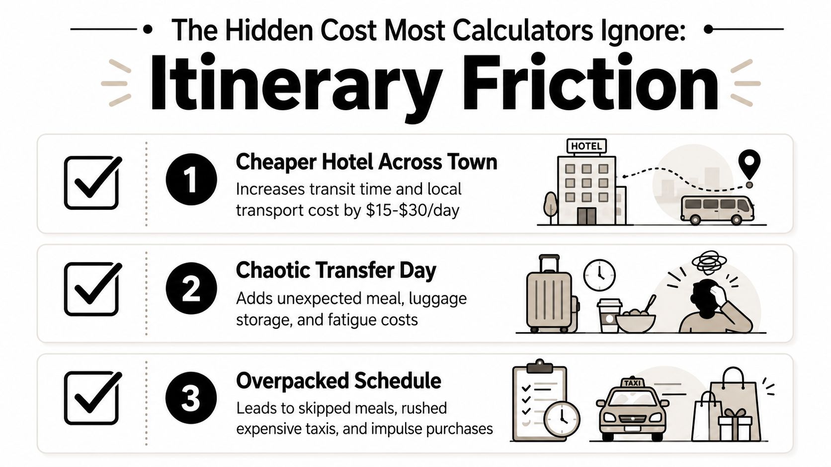 An infographic titled Itinerary Friction illustrating three hidden costs that impact a travel budget calculation.