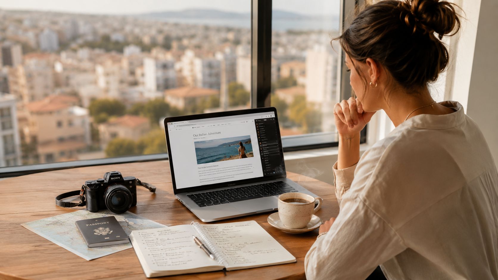A woman sits at a table by a window, planning travel with a laptop and passport.