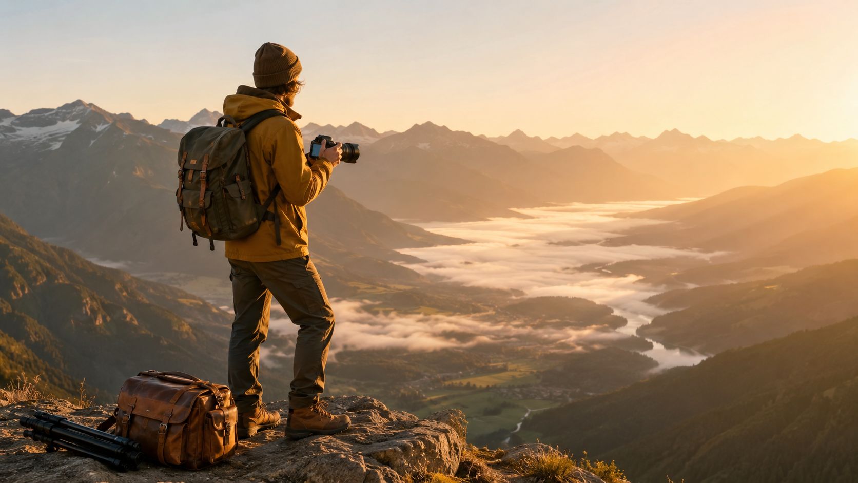 A photographer standing on a mountain peak taking pictures of a misty sunrise over a valley.