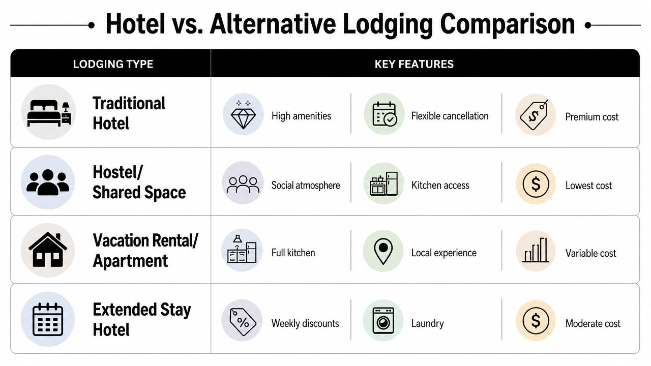 A comparison chart outlining key features of various lodging types including hotels, hostels, and vacation rentals.