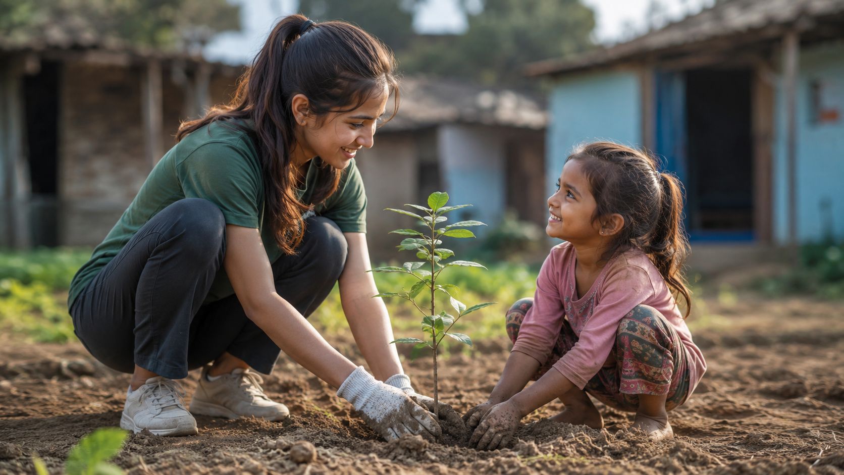 A young woman and a child planting a small tree together during an affordable gap year program.