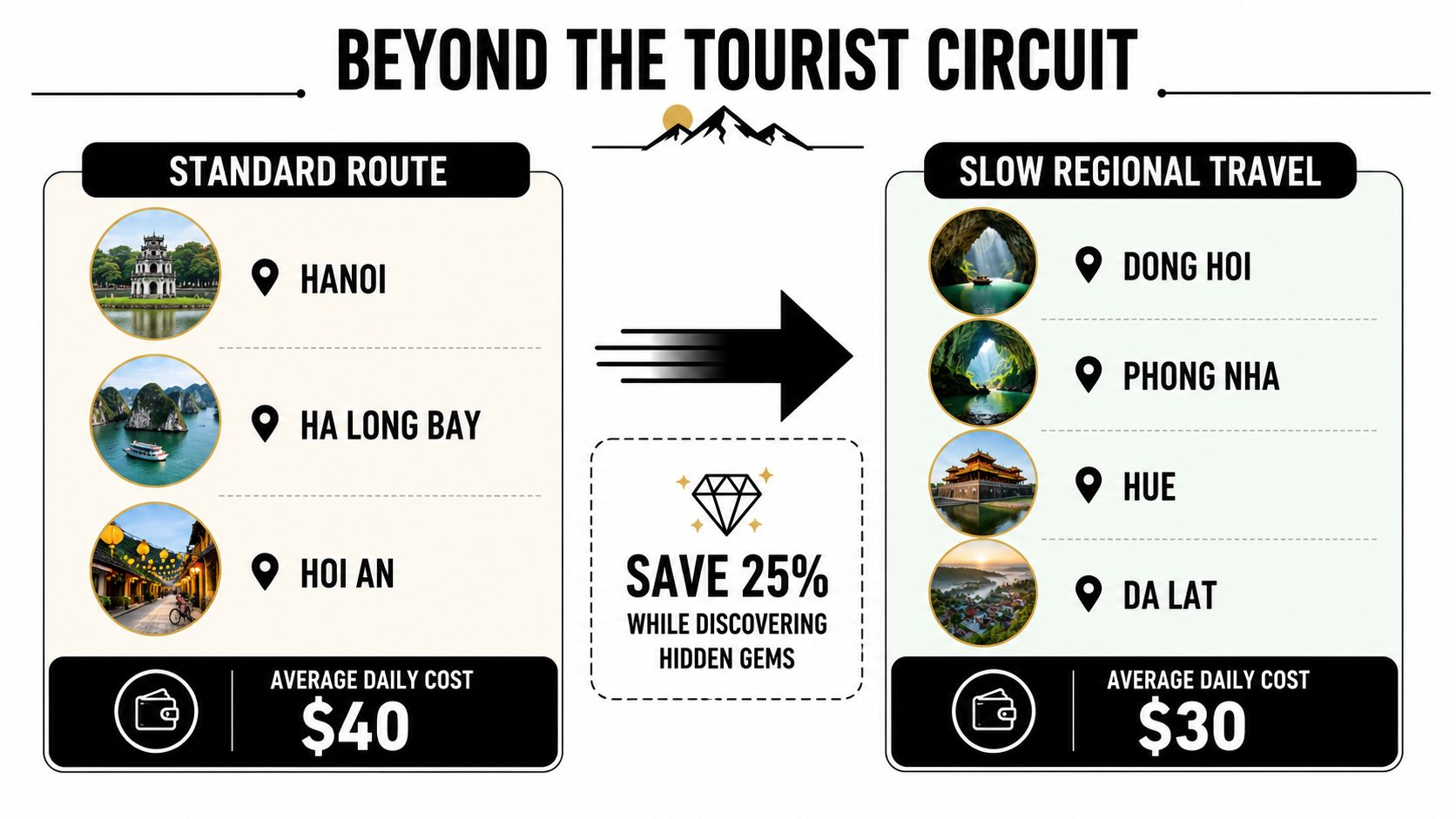 A comparison infographic showing Vietnam travel routes, highlighting cost savings of choosing slower, regional destinations.