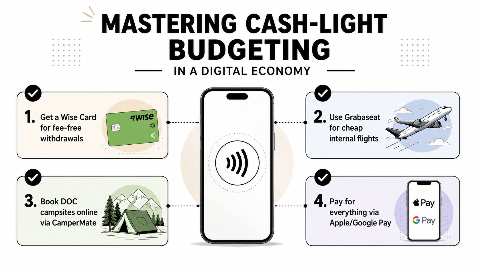 A digital infographic guide titled Mastering Cash-Light Budgeting showing four essential tools for modern budget travel.