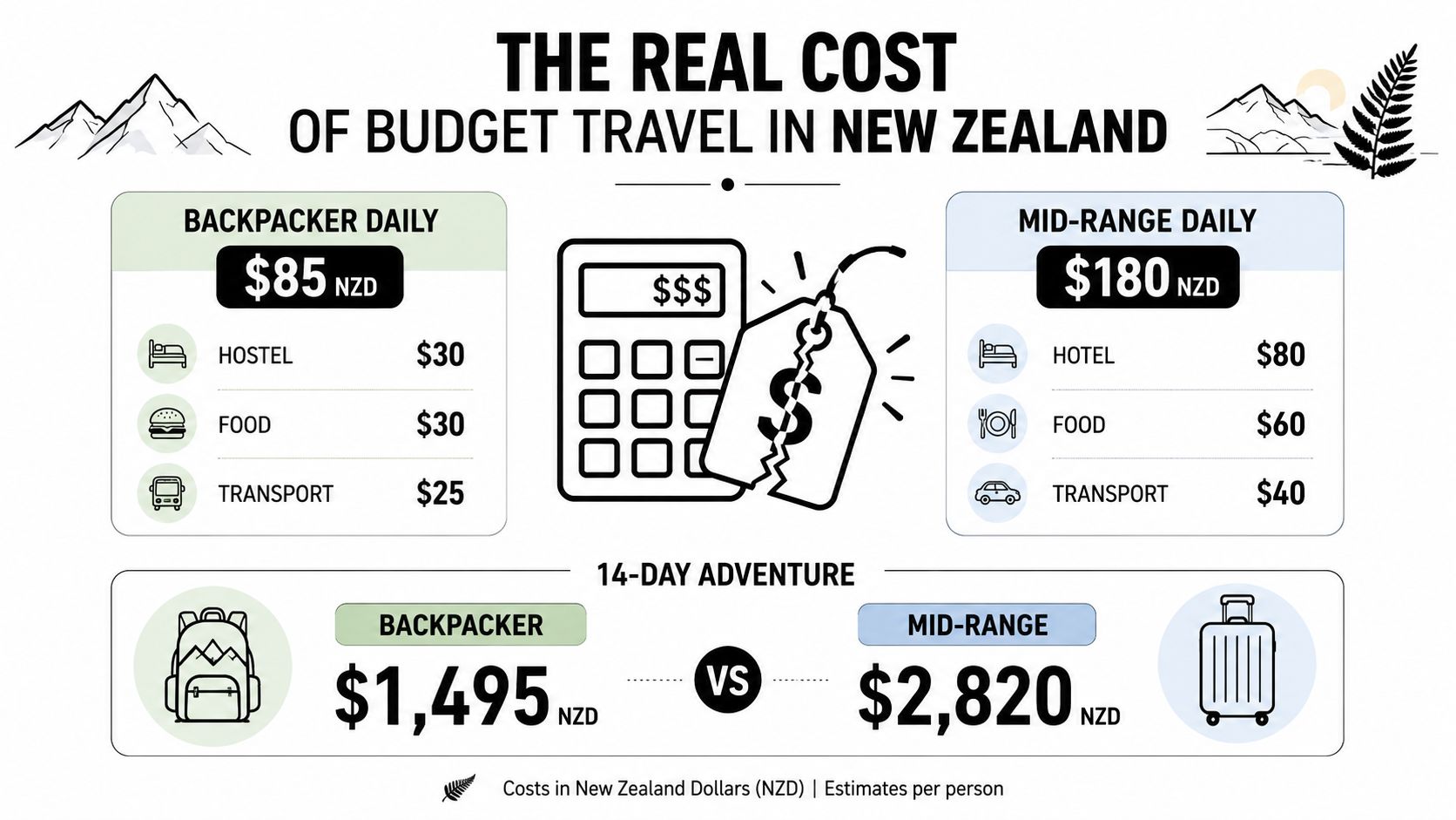An infographic comparing the daily and 14-day costs for backpacker and mid-range travel in New Zealand.