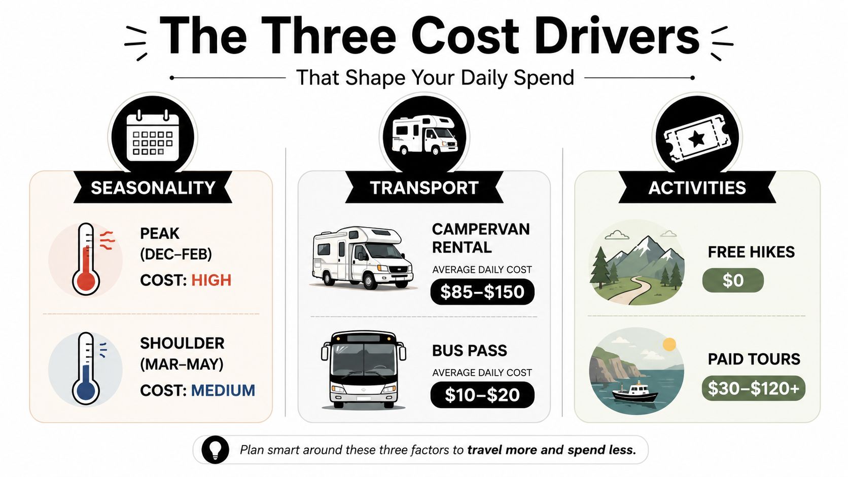 An infographic titled The Three Cost Drivers outlining how seasonality, transport, and activities affect daily travel spending.
