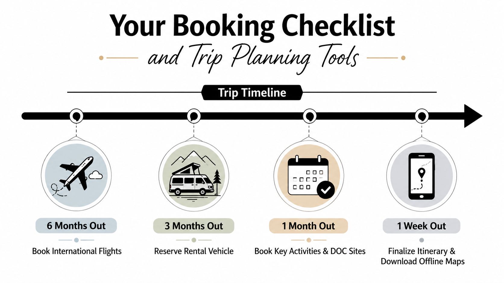 A travel planning timeline showing milestones for booking flights, vehicles, activities, and downloading maps for trips.