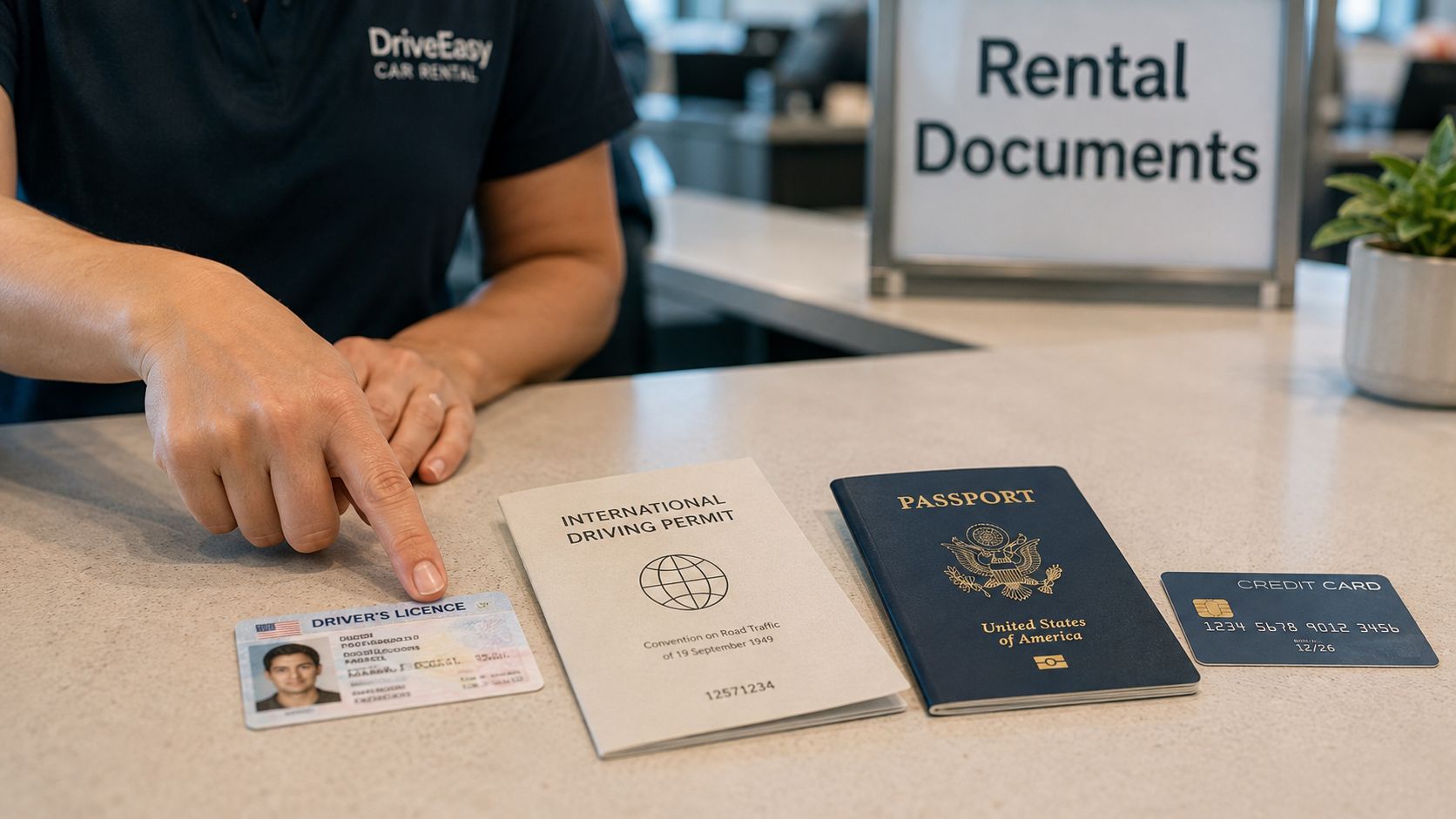 A rental agent pointing at a driver's license next to an international driving permit, passport, and credit card.