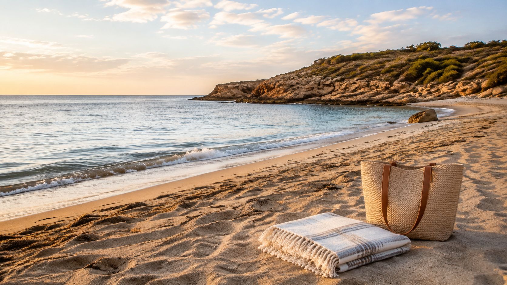 A straw beach bag and a folded white throw blanket sit on the sand at sunset.
