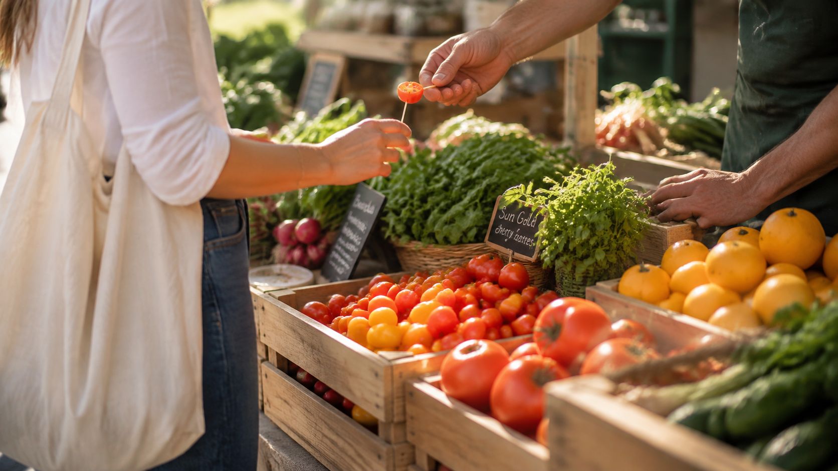 A vendor offering a sample of a Sun Gold cherry tomato to a customer at a market.