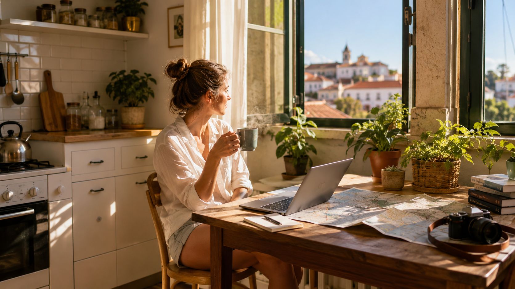 A woman sits at a wooden table by a sunny window, planning her trip with a laptop and map.