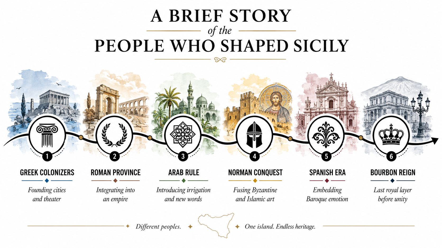 A timeline graphic showing the history of Sicily through six cultural eras, from Greek colonizers to Bourbon rule.