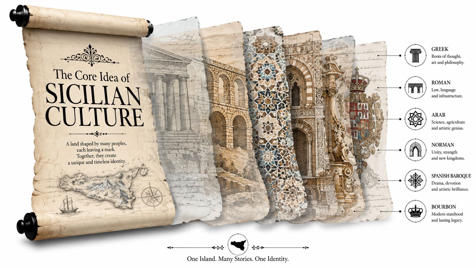 A conceptual parchment scroll illustrating the diverse cultural influences and historical layers of Sicilian heritage and identity.