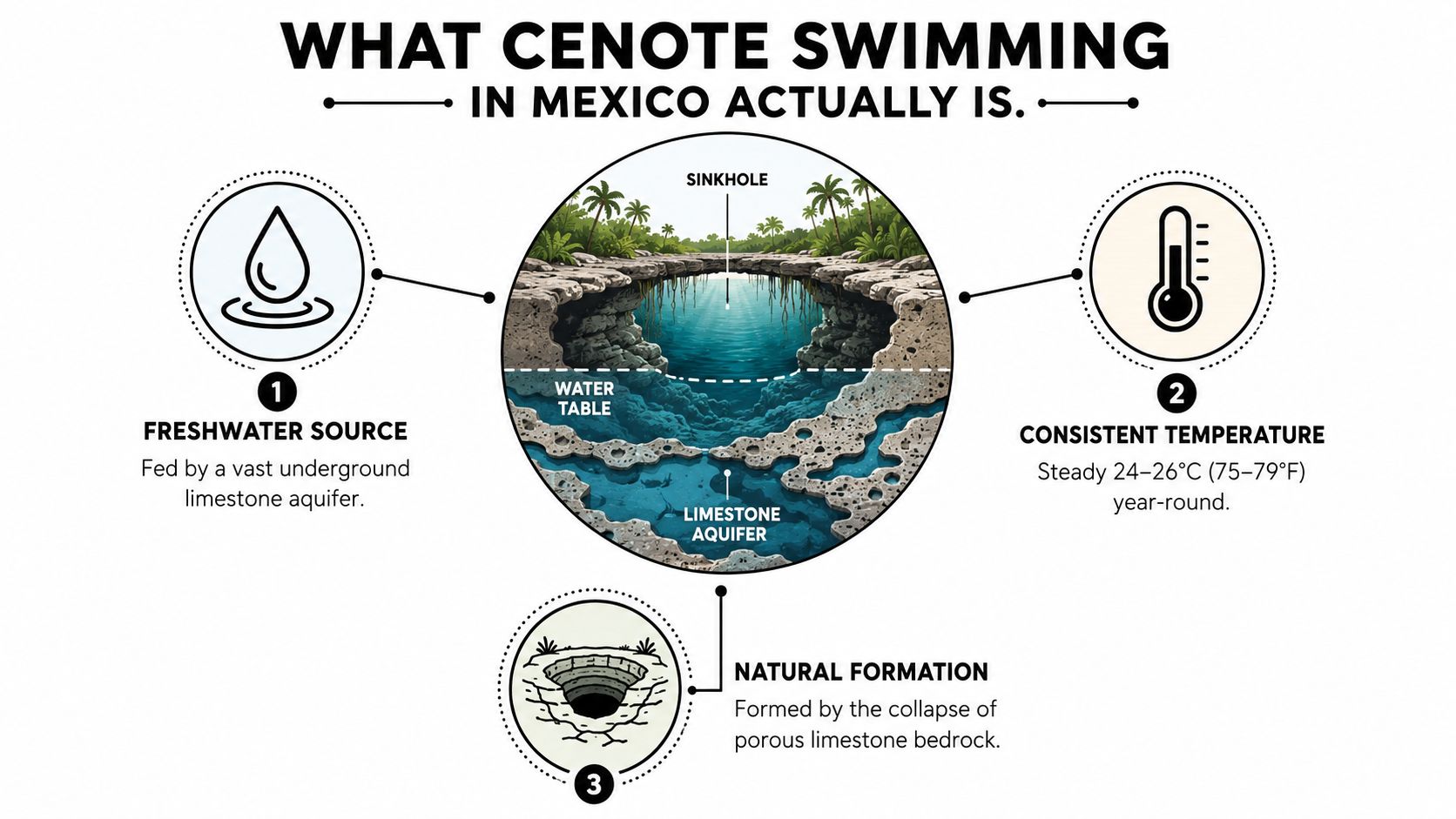 A diagram illustrating the geological features, freshwater source, and stable temperature of Mexican cenote swimming holes.