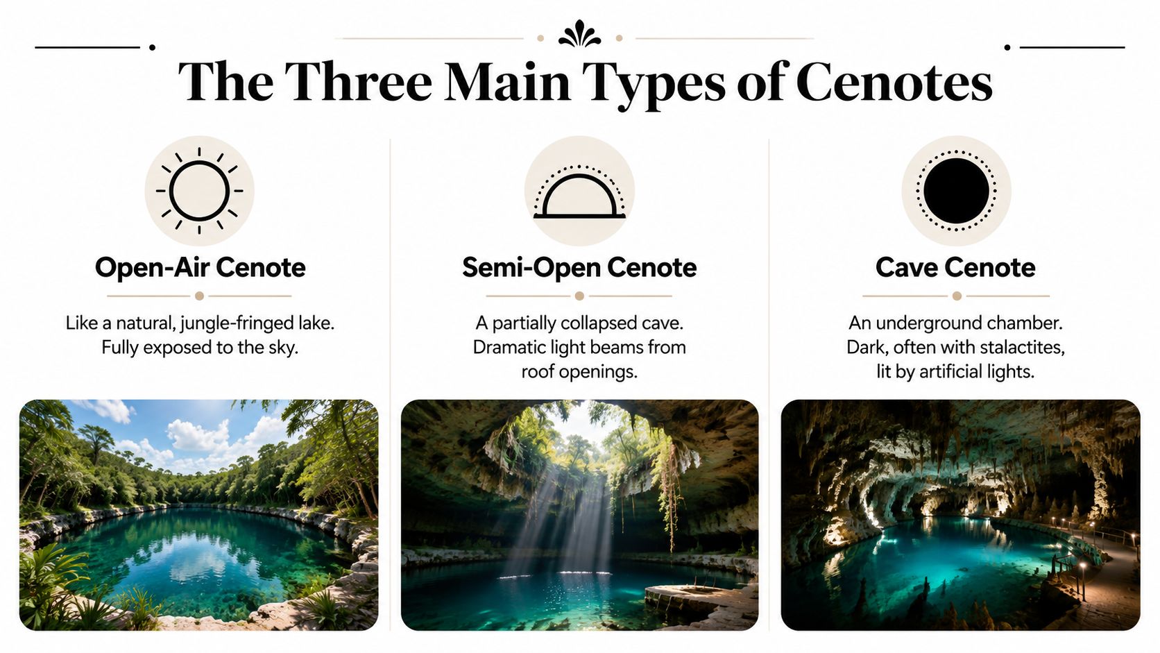 An infographic showing the three main types of cenotes: open-air, semi-open, and cave, with descriptive images.
