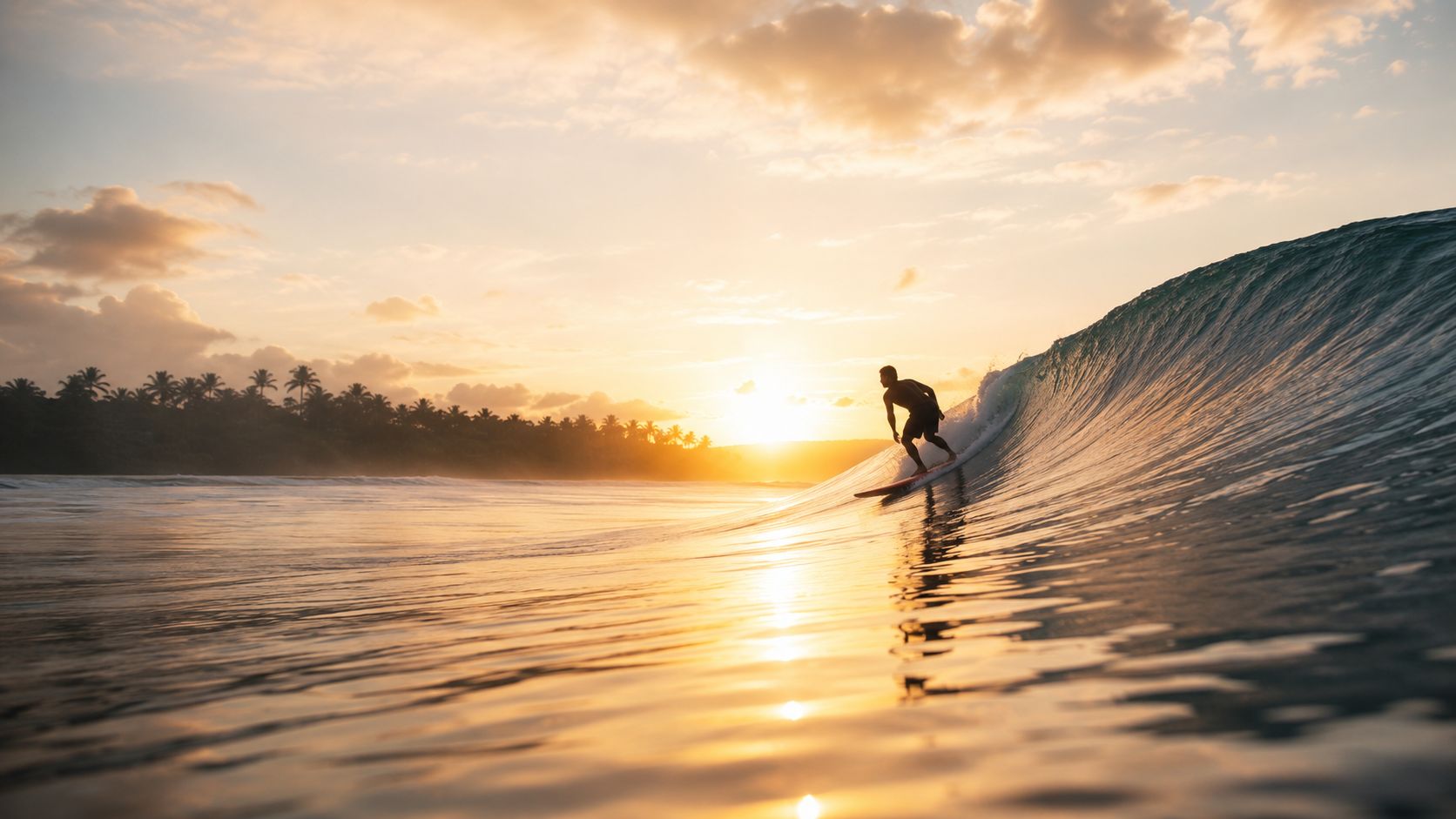 A surfer riding a wave at sunset near a beach with silhouetted palm trees in the distance.