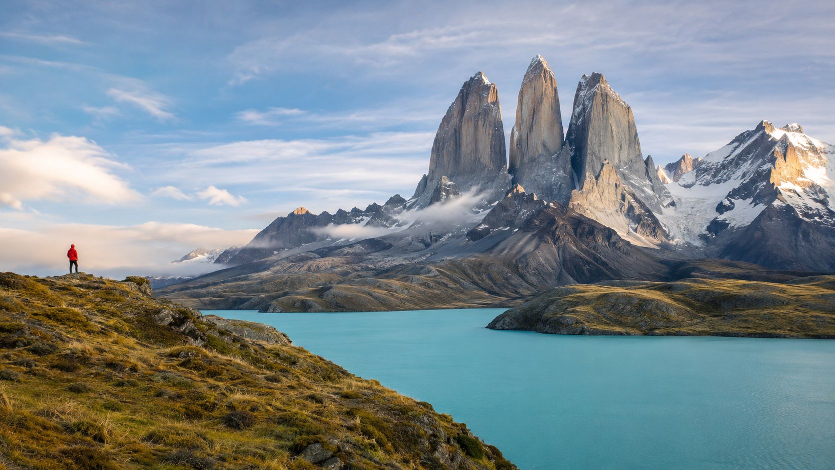 A hiker in a red jacket stands on a grassy hill overlooking a stunning turquoise glacial lake
