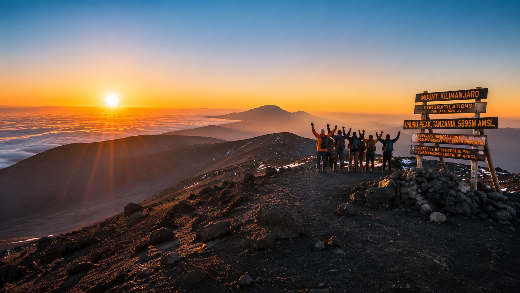A group of hikers celebrating at the summit of Mount Kilimanjaro during a beautiful sunrise.