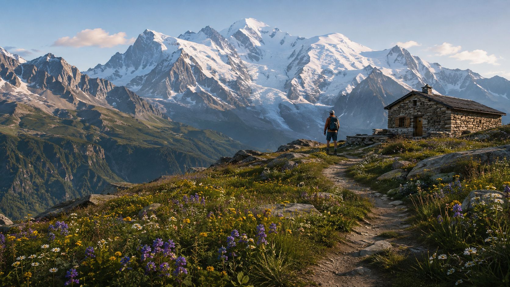 A hiker with a backpack stands on a mountain path near a stone hut overlooking snowy peaks.