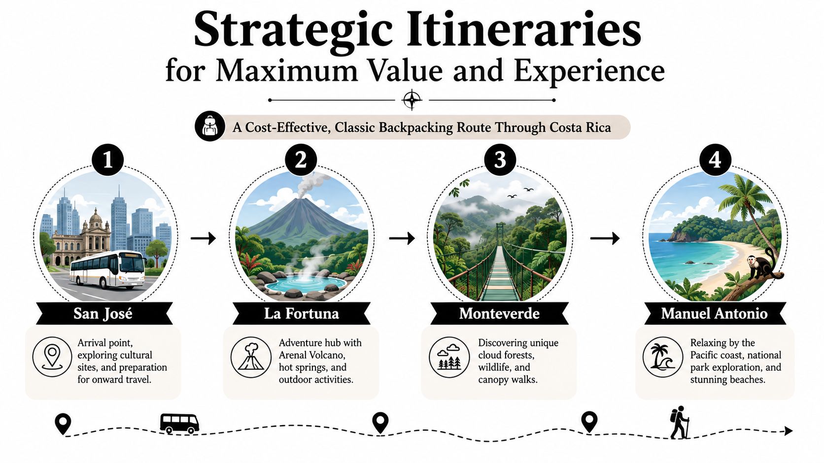A travel infographic showing a four-step cost-effective backpacking route through Costa Rica with suggested destinations.