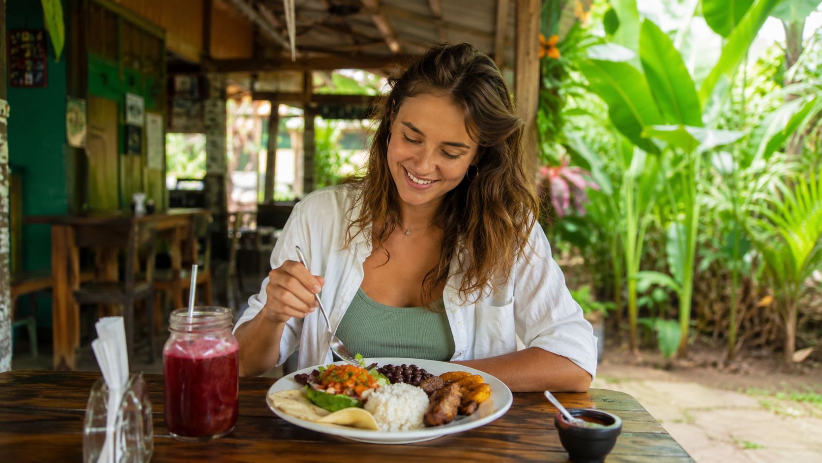 A smiling woman enjoys a traditional Costa Rican lunch of rice, beans, and salad at an outdoor restaurant.