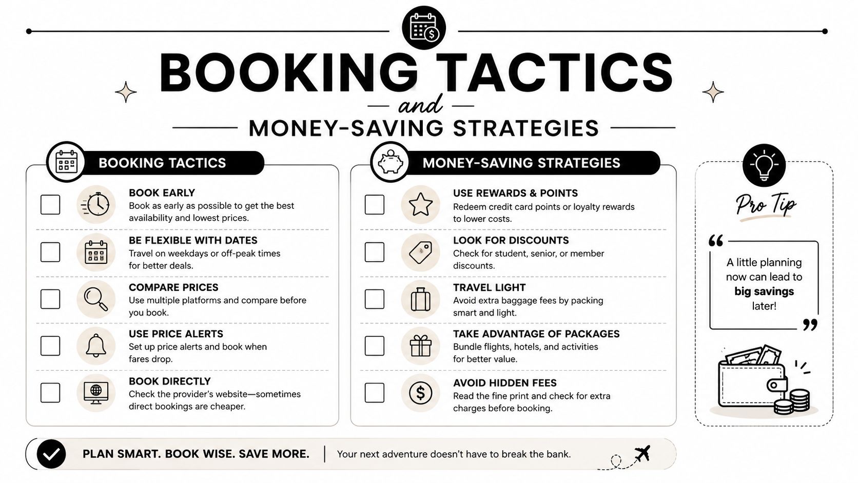 An infographic titled Booking Tactics and Money-Saving Strategies offering helpful advice for traveling on a budget.