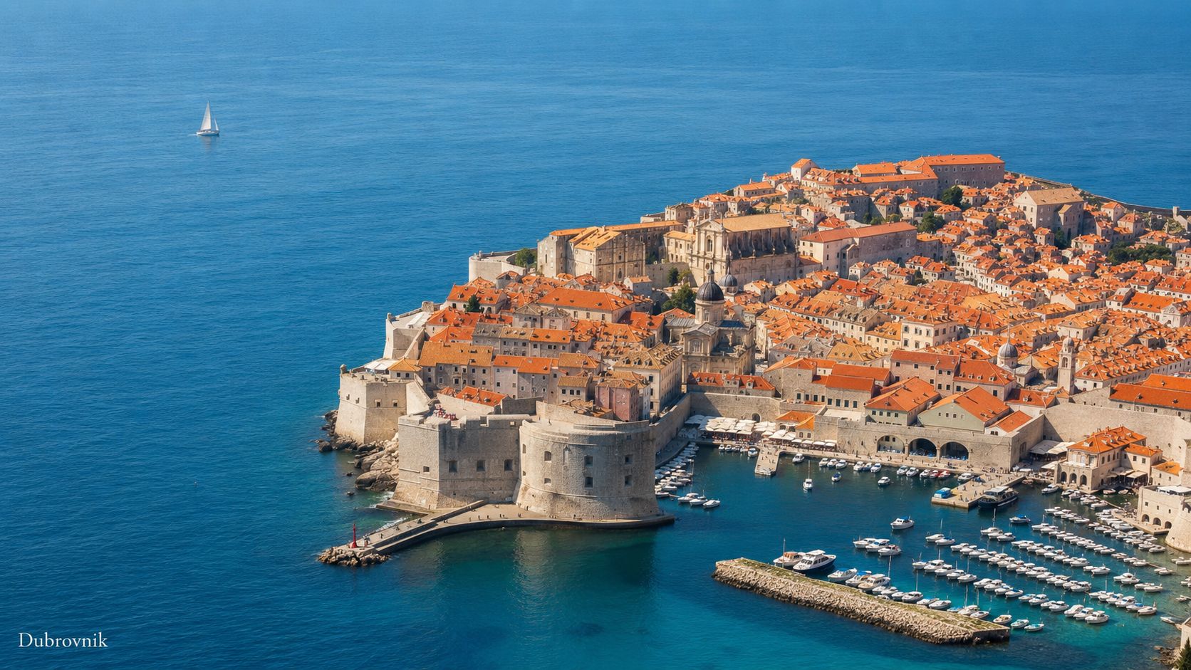 An aerial view of the historic walled city of Dubrovnik, Croatia, situated on the Adriatic Sea coast.