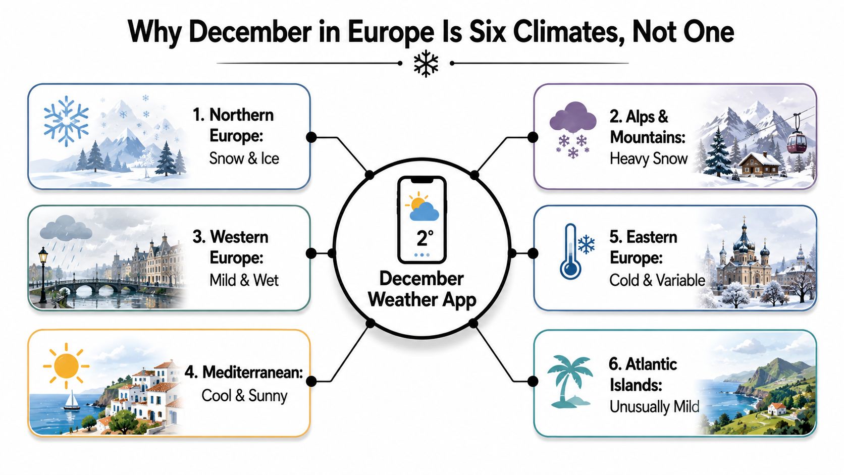 An infographic illustrating six distinct climate zones across Europe during the month of December with weather icons.