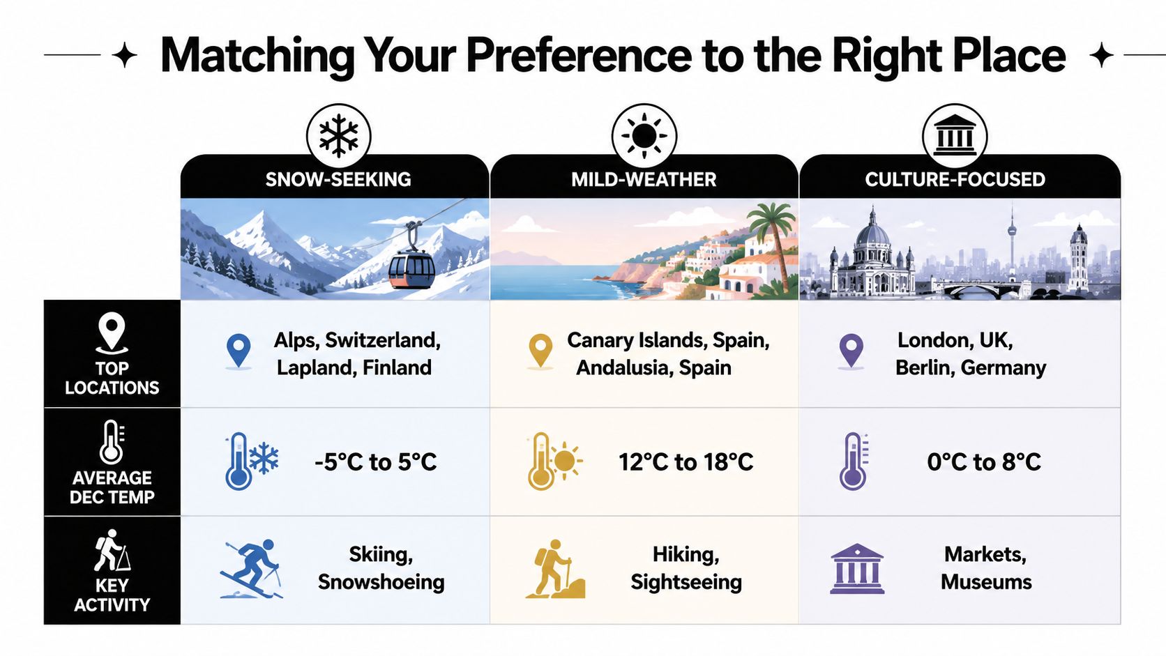 A travel planning infographic suggesting European destinations for December based on snow, mild weather, and cultural preferences.