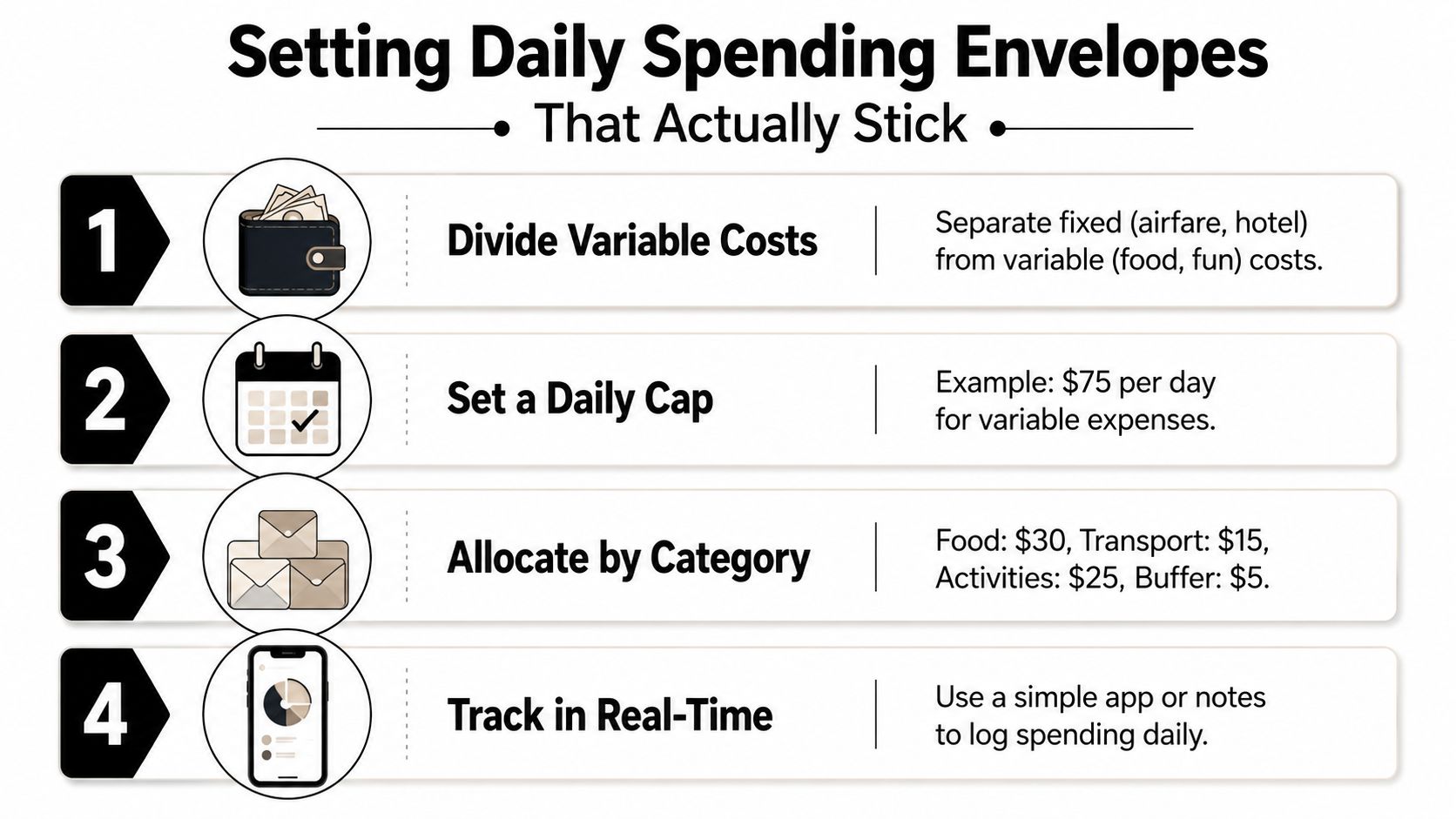 A four-step infographic illustrating a simple travel budget plan method for managing daily spending effectively.