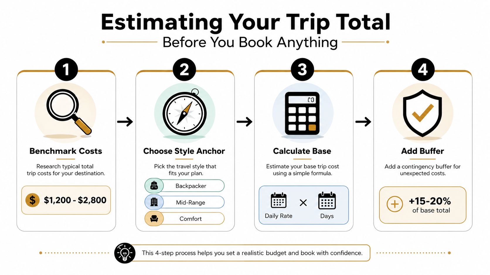 A four-step infographic showing how to plan a realistic travel budget before booking a trip.