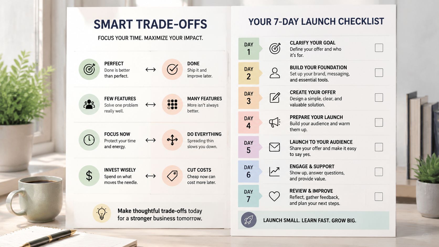 A visual guide comparing smart business trade-offs alongside a structured seven-day product launch checklist for entrepreneurs.