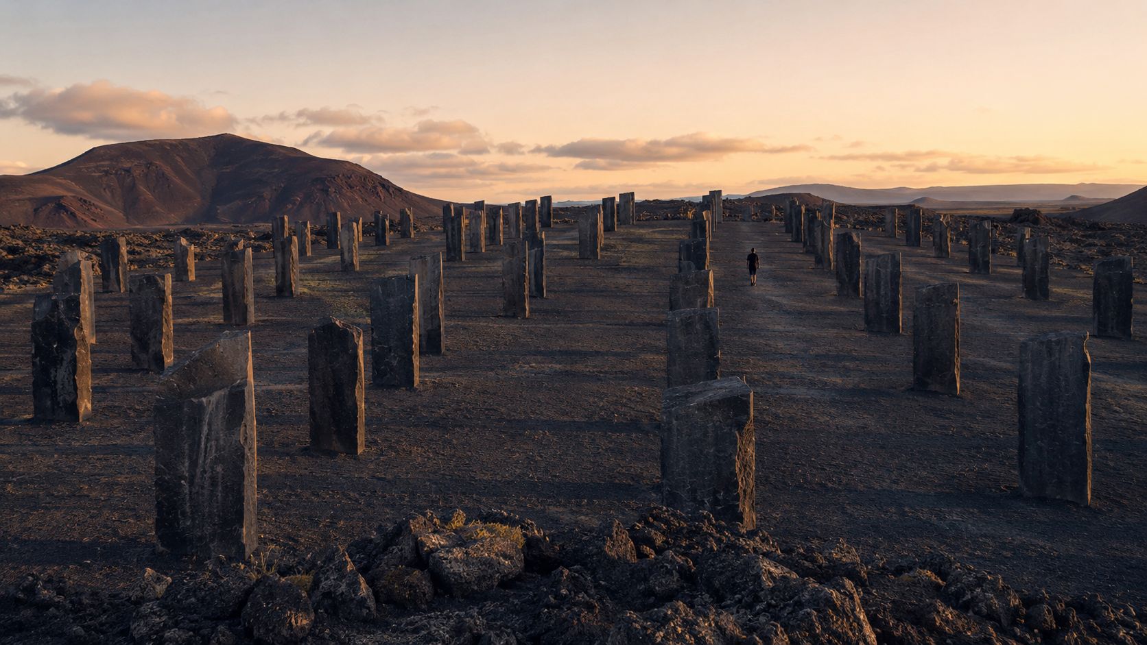 A person walks through a field of standing black stone monoliths in a vast, arid volcanic landscape.
