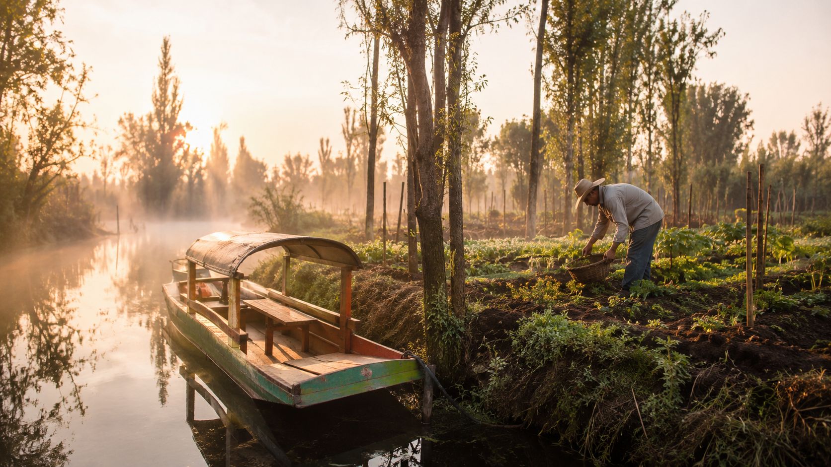 A farmer working in a chinampa field in Xochimilco with a wooden boat docked nearby at sunrise.