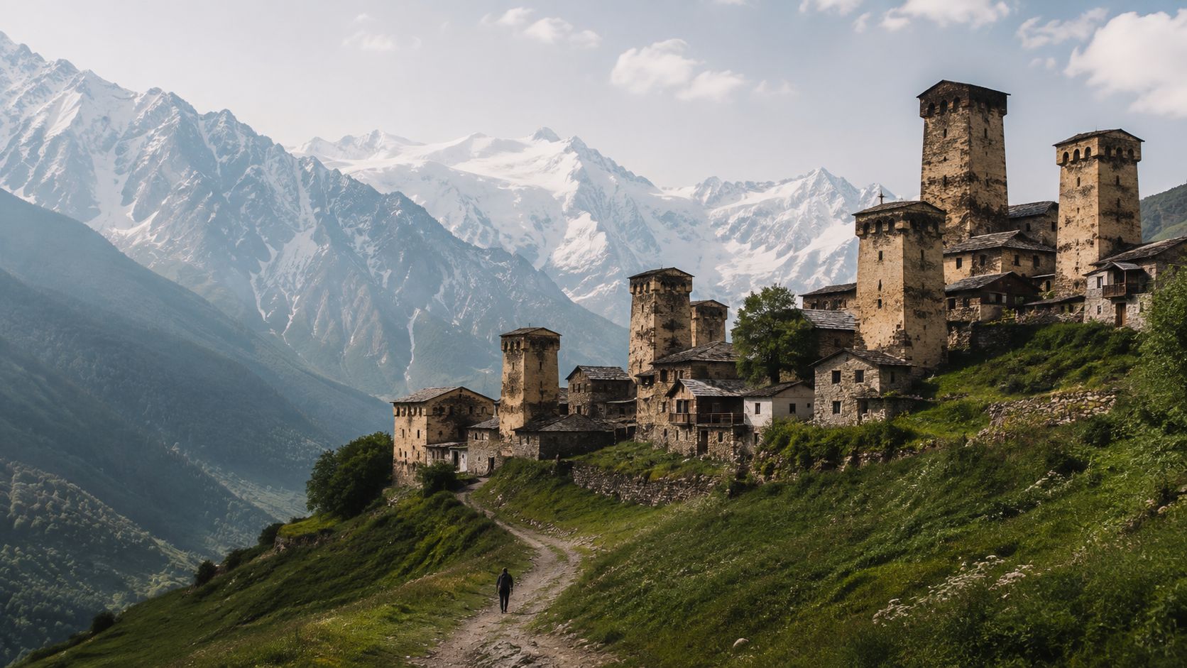 A person walks along a dirt path toward historic stone Svan towers in the mountains of Georgia.
