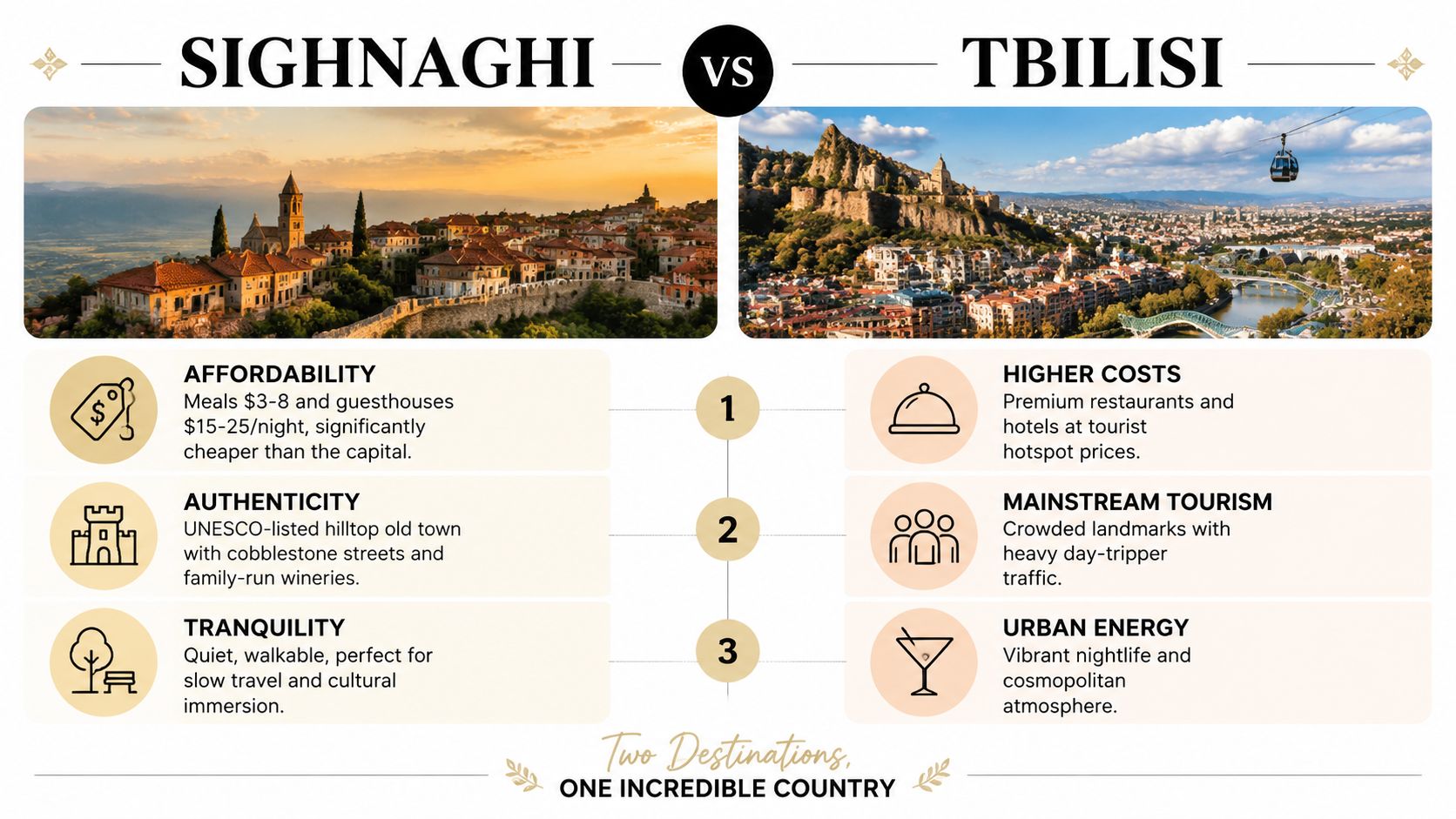 A comparison infographic between the quiet town of Sighnaghi and the bustling city of Tbilisi, Georgia.
