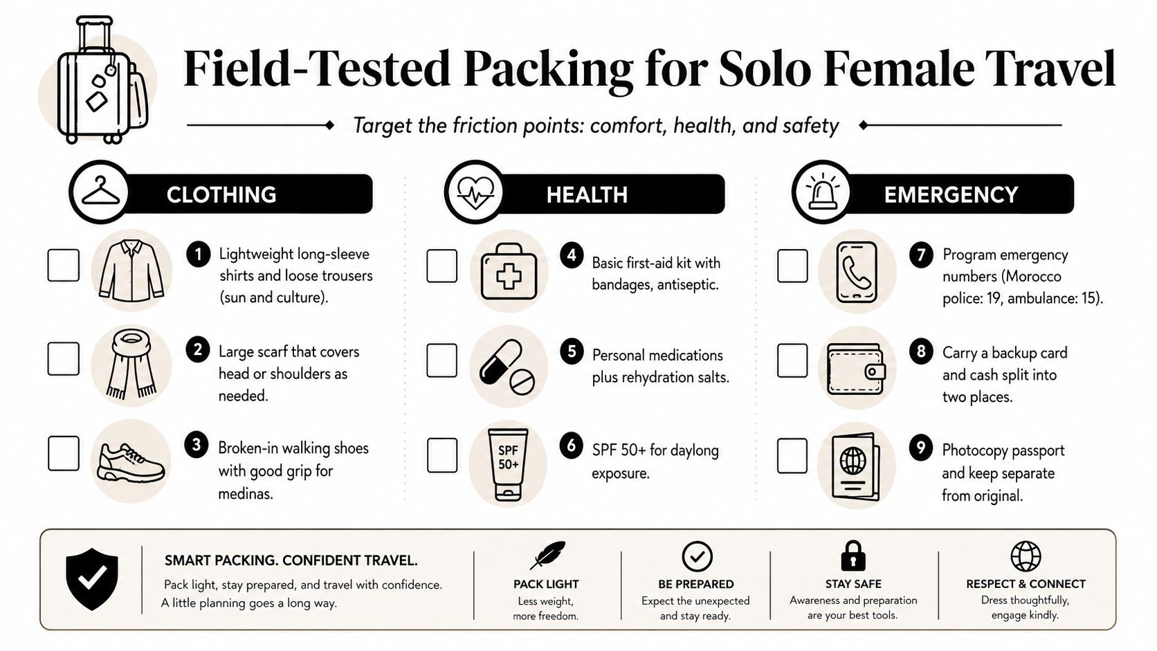 An infographic titled Field-Tested Packing for Solo Female Travel listing essential items for clothing, health, and safety.