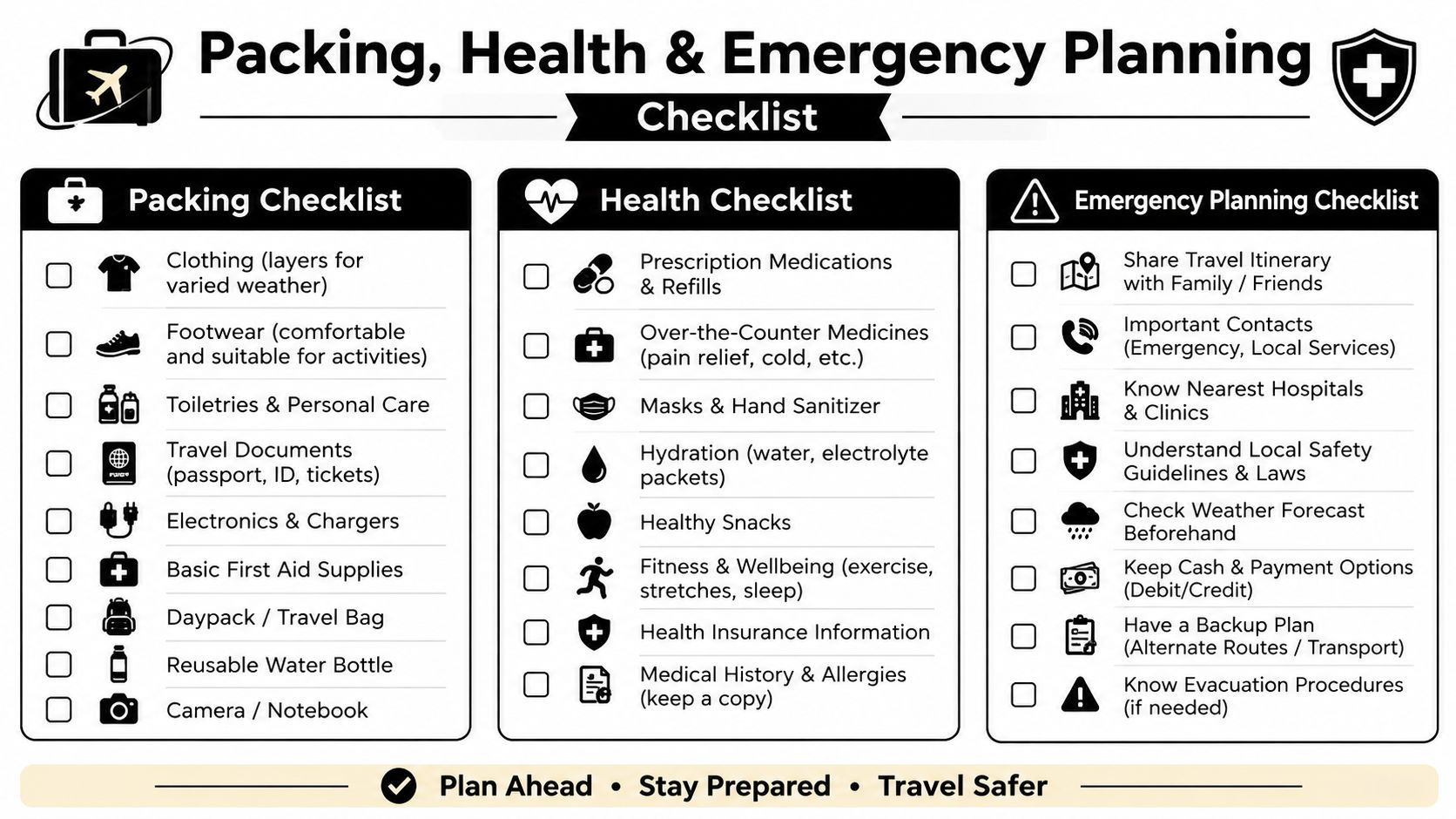 A comprehensive checklist for packing, health, and emergency planning for travelers, organized into three distinct categories.