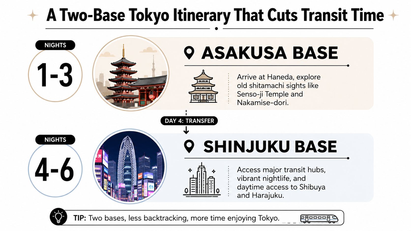 A travel itinerary diagram for Tokyo suggesting staying in Asakusa and Shinjuku to minimize transit times.