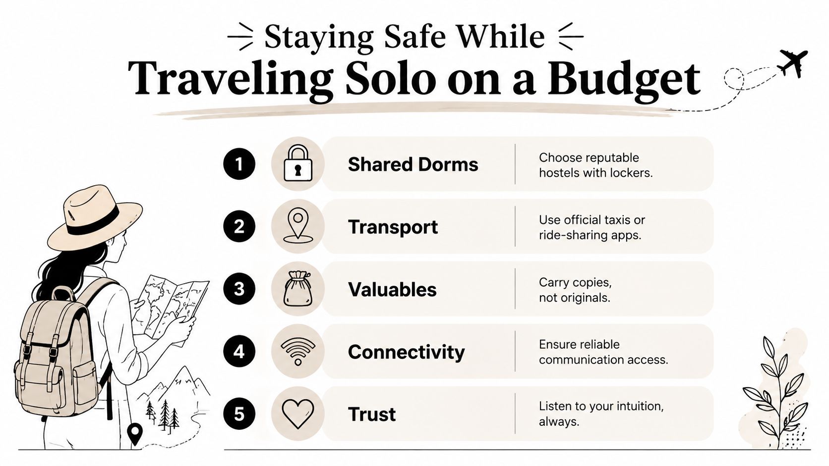 A travel infographic titled Staying Safe While Traveling Solo on a Budget with five essential safety tips.