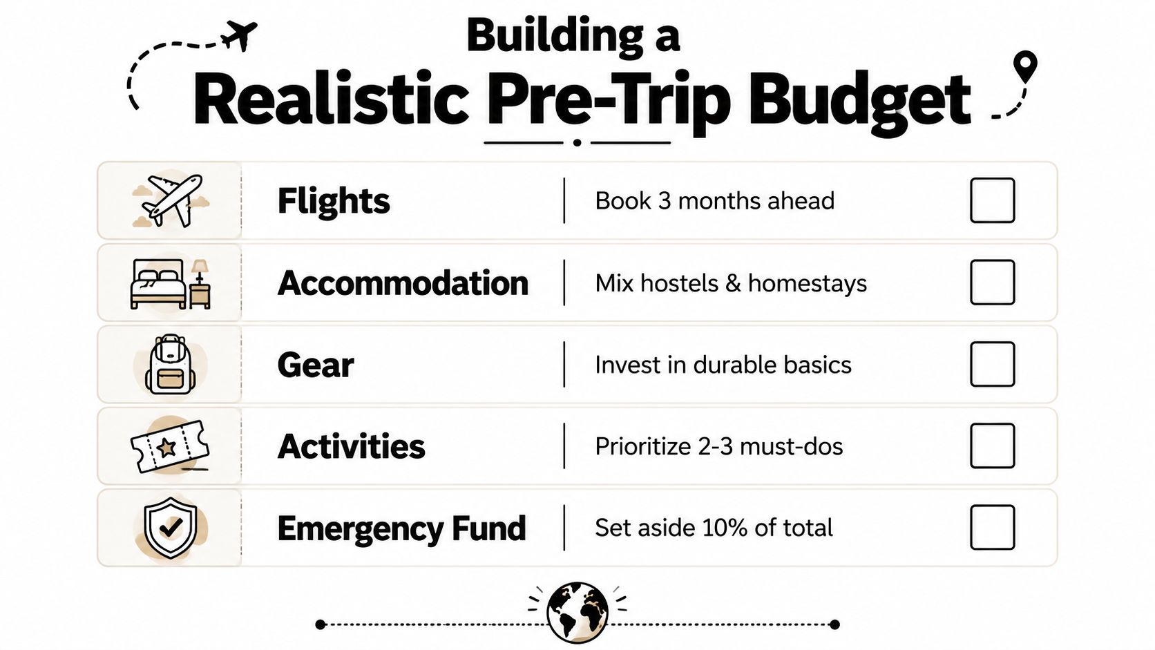 A checklist for building a realistic pre-trip travel budget, highlighting key planning categories like flights and gear.