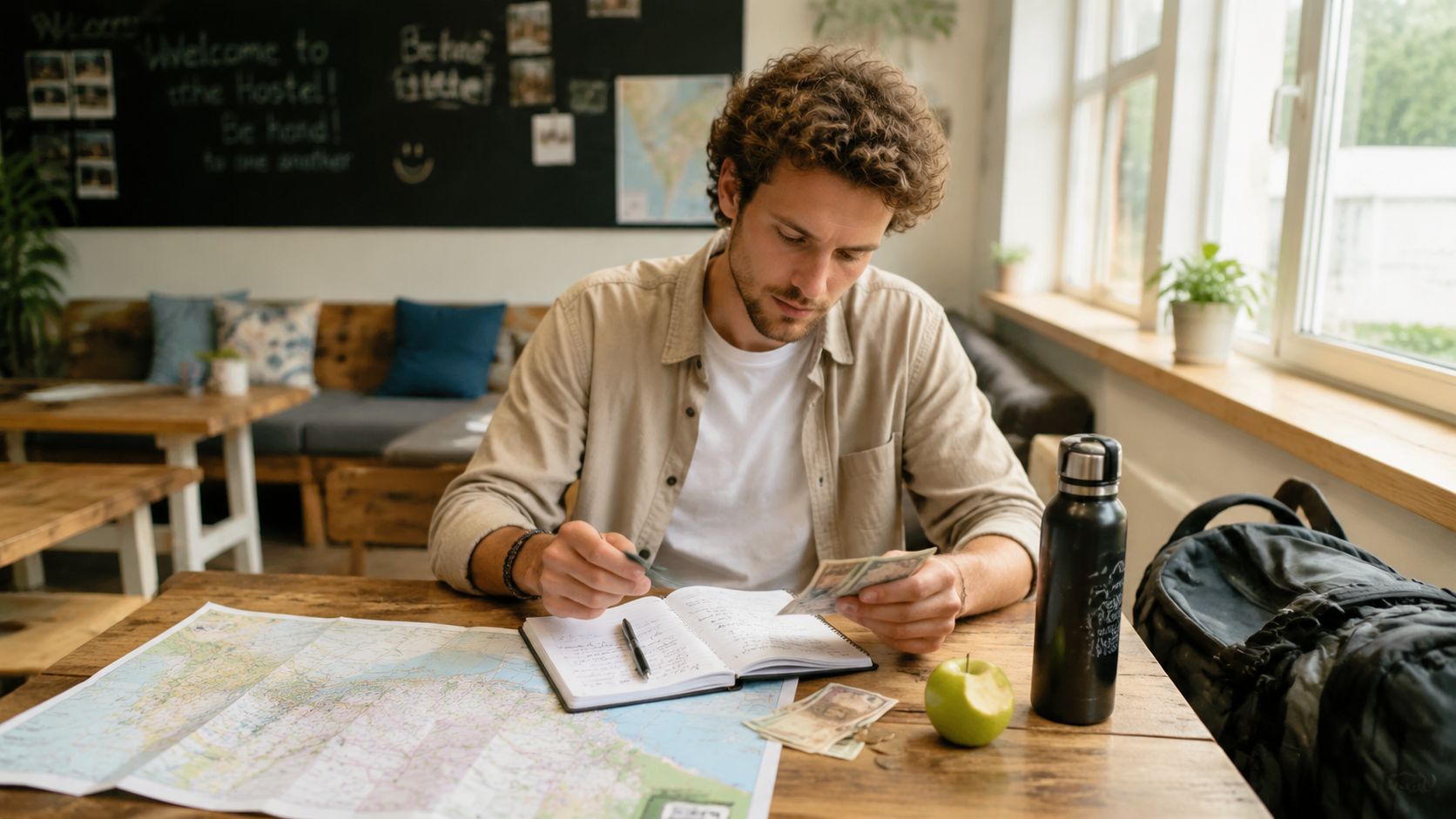 A young man with curly hair plans his travels while sitting at a wooden hostel table.