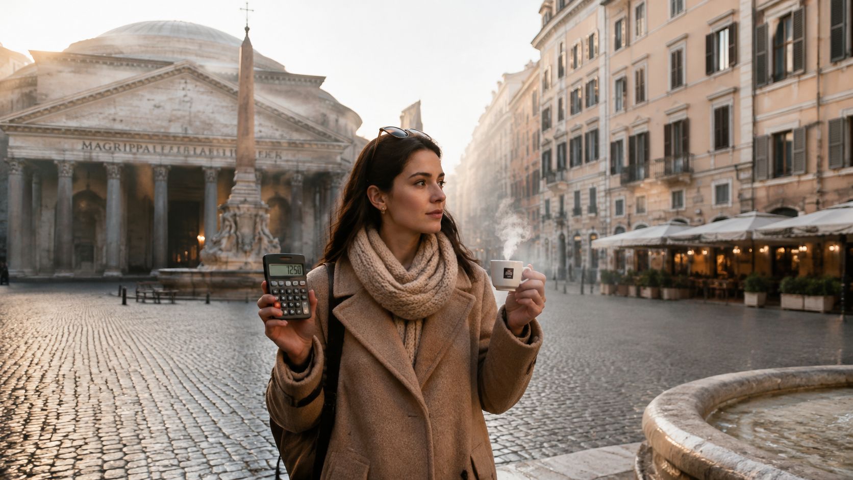 A woman holding a calculator and a cup of coffee in front of the Pantheon in Rome.