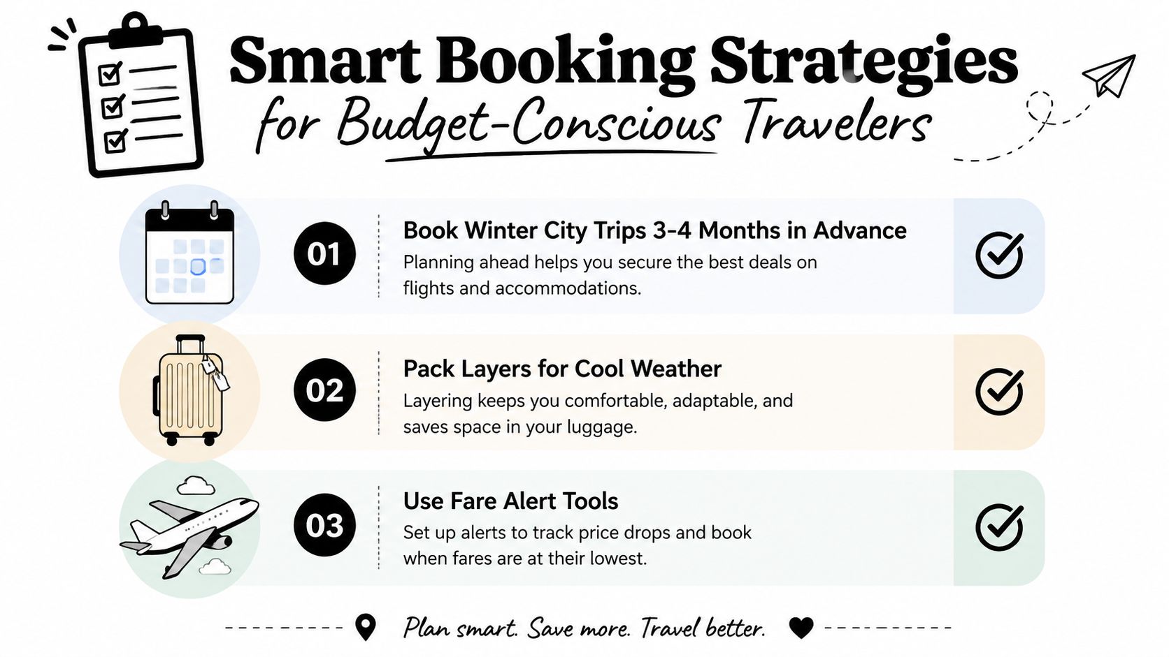 An infographic showing three smart travel booking tips for budget-conscious travelers to save money on trips.
