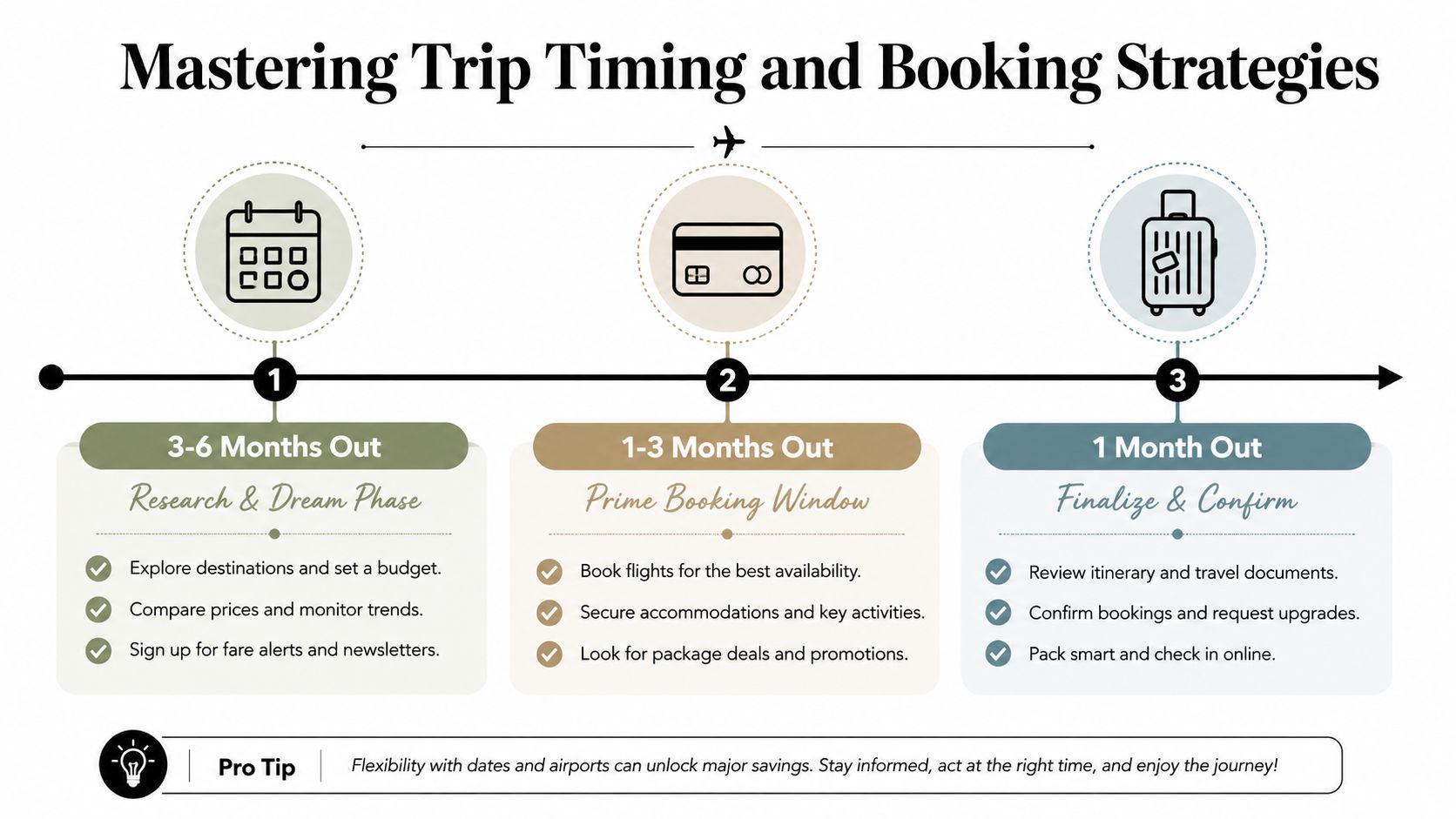 A timeline graphic showing travel planning strategies from three to six months out to one month out.