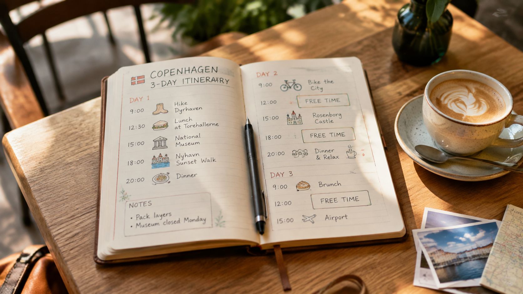 An open travel journal displaying a 3-day Copenhagen itinerary on a wooden cafe table beside coffee.